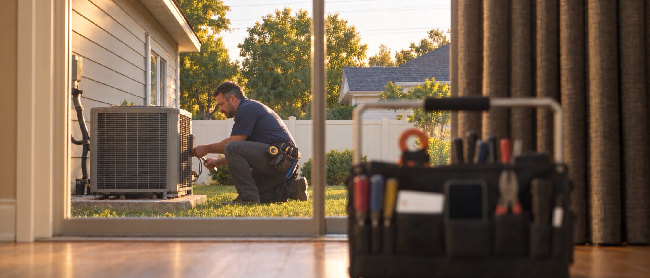 An HVAC technician works on the outdoor unit while the phone in his tool bag rings unanswered inside